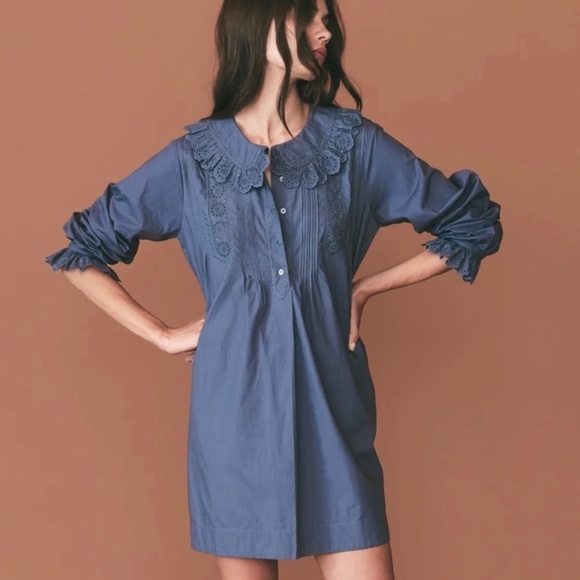 Doen Nerona Cotton Eyelet Ruffle Collar Long Sleeve Dress Atlantic Blue - Picture 1 of 12
